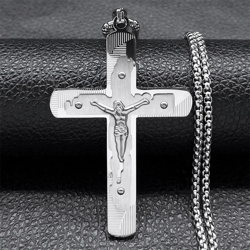 Jesus Crucifixion Cross Necklace for Women Men Gold Color Stainless Steel Christian Necklace