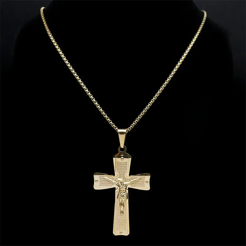 Jesus Crucifixion Cross Necklace for Women Men Gold Color Stainless Steel Christian Necklace
