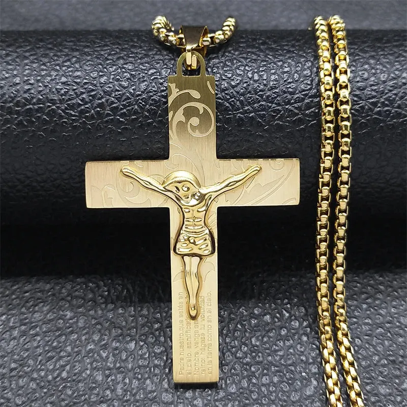 Jesus Crucifixion Cross Necklace for Women Men Gold Color Stainless Steel Christian Necklace
