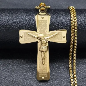 Jesus Crucifixion Cross Necklace for Women Men Gold Color Stainless Steel Christian Necklace