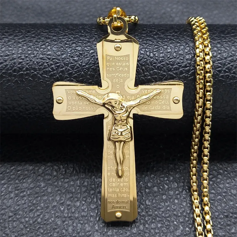 Jesus Crucifixion Cross Necklace for Women Men Gold Color Stainless Steel Christian Necklace