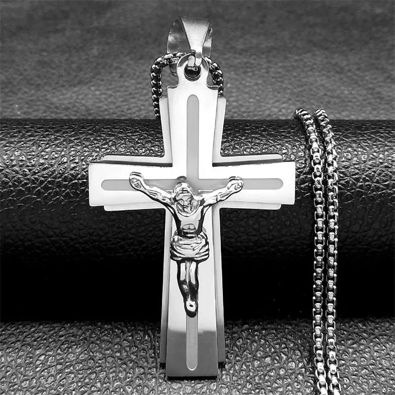 Jesus Crucifixion Cross Necklace for Women Men Gold Color Stainless Steel Christian Necklace