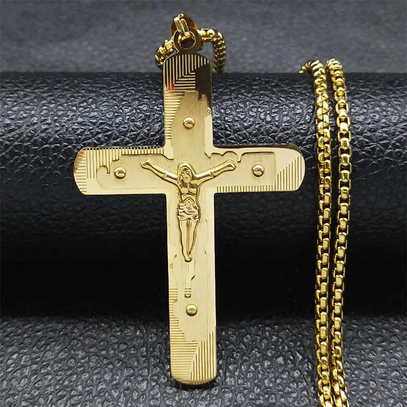Jesus Crucifixion Cross Necklace for Women Men Gold Color Stainless Steel Christian Necklace