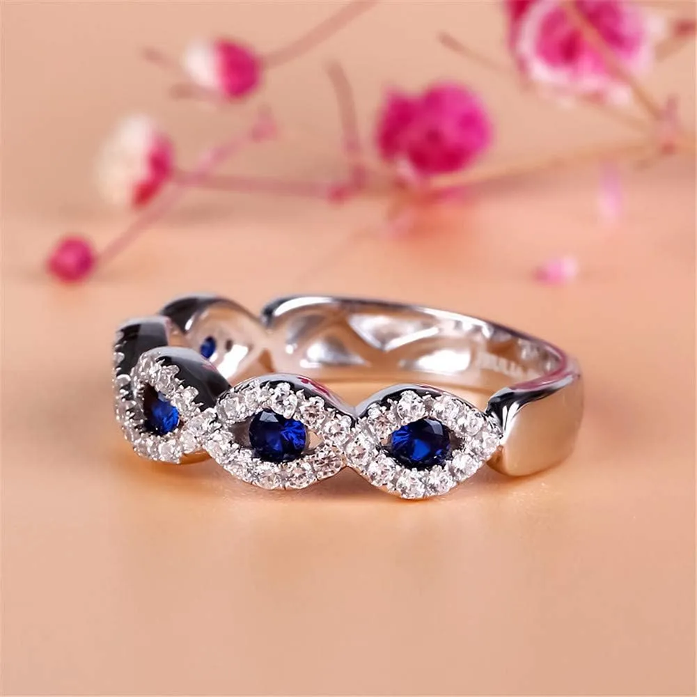 Jeulia Engraved Wedding Stackable Rings: Sterling Silver Band Half Eternity Sapphire Blue Engagement White Diamond Cubic Zirconia CZ Anniversary Promise Rings with Jewelry Box