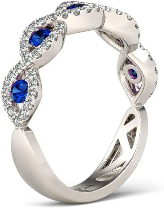 Jeulia Engraved Wedding Stackable Rings: Sterling Silver Band Half Eternity Sapphire Blue Engagement White Diamond Cubic Zirconia CZ Anniversary Promise Rings with Jewelry Box
