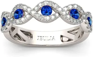 Jeulia Engraved Wedding Stackable Rings: Sterling Silver Band Half Eternity Sapphire Blue Engagement White Diamond Cubic Zirconia CZ Anniversary Promise Rings with Jewelry Box