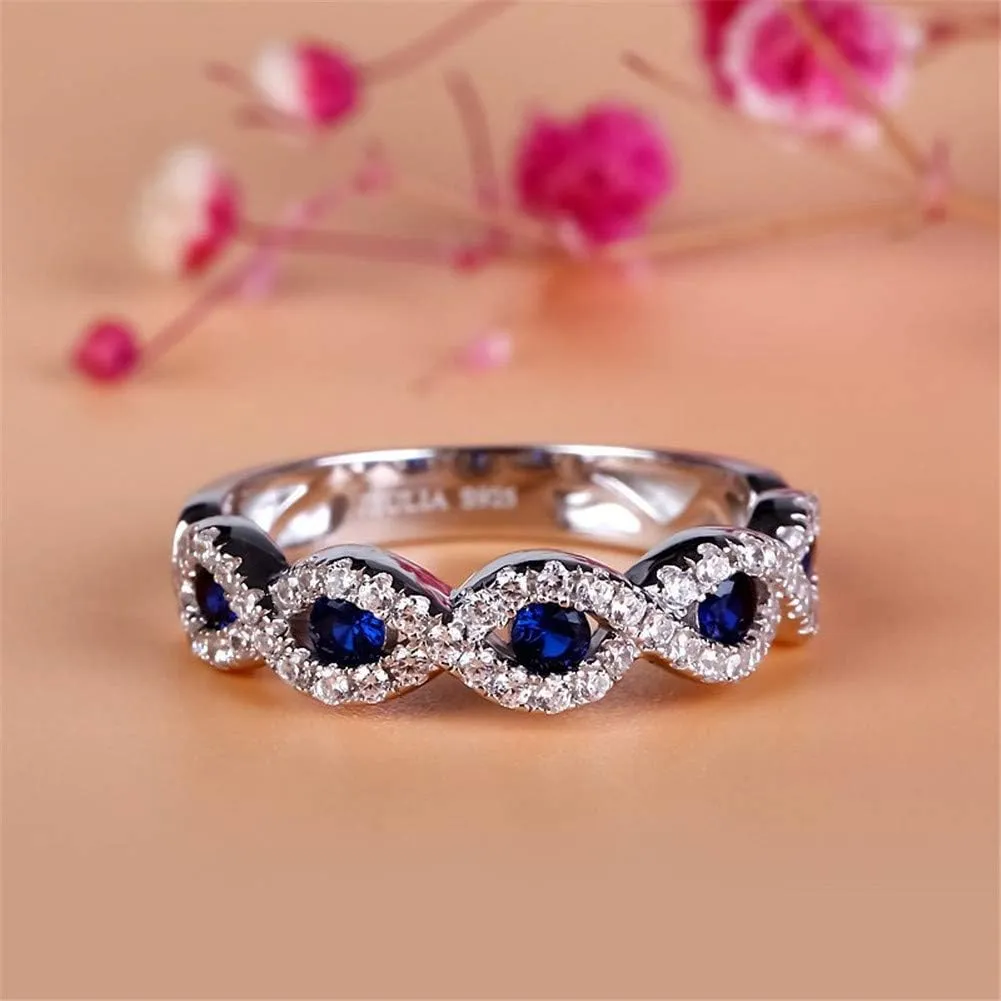 Jeulia Engraved Wedding Stackable Rings: Sterling Silver Band Half Eternity Sapphire Blue Engagement White Diamond Cubic Zirconia CZ Anniversary Promise Rings with Jewelry Box