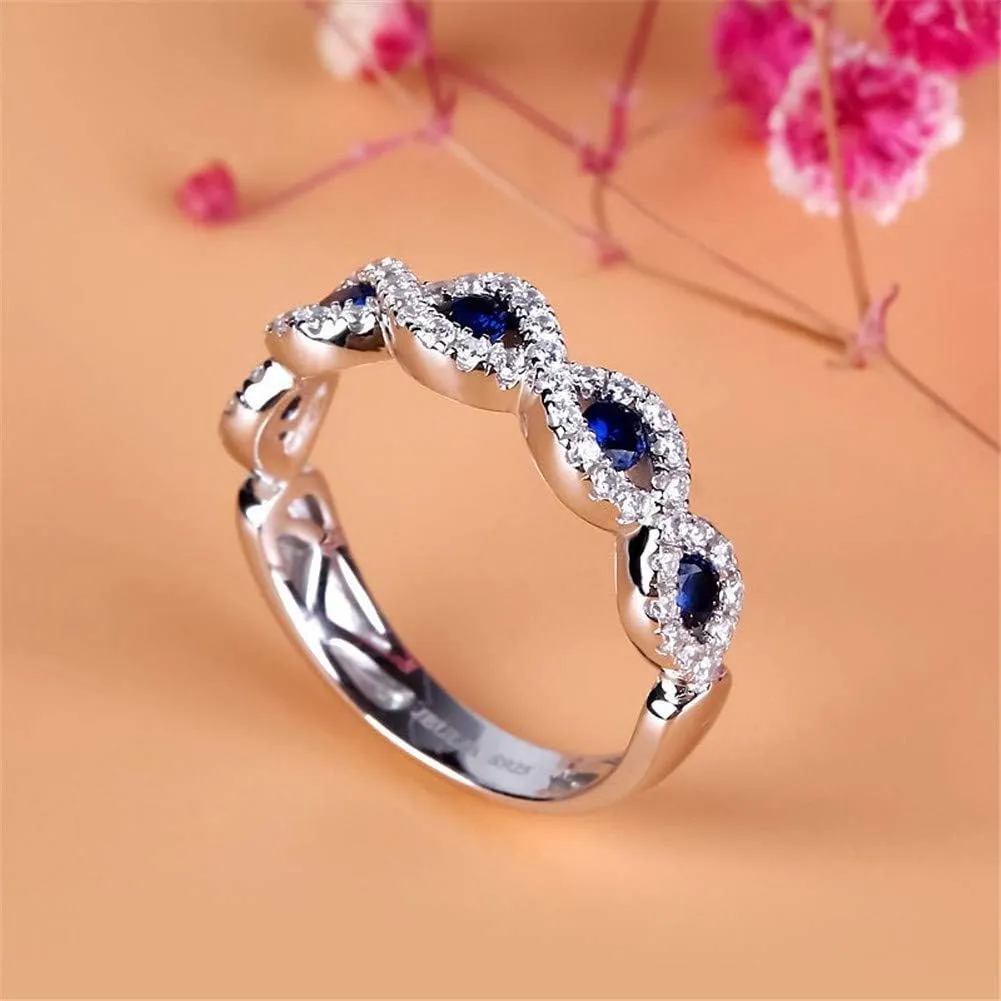 Jeulia Engraved Wedding Stackable Rings: Sterling Silver Band Half Eternity Sapphire Blue Engagement White Diamond Cubic Zirconia CZ Anniversary Promise Rings with Jewelry Box