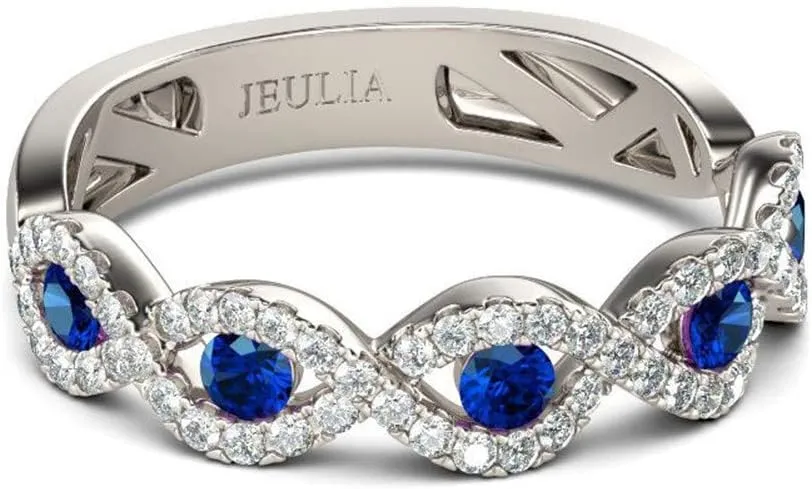 Jeulia Engraved Wedding Stackable Rings: Sterling Silver Band Half Eternity Sapphire Blue Engagement White Diamond Cubic Zirconia CZ Anniversary Promise Rings with Jewelry Box