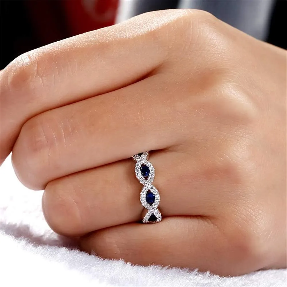 Jeulia Engraved Wedding Stackable Rings: Sterling Silver Band Half Eternity Sapphire Blue Engagement White Diamond Cubic Zirconia CZ Anniversary Promise Rings with Jewelry Box
