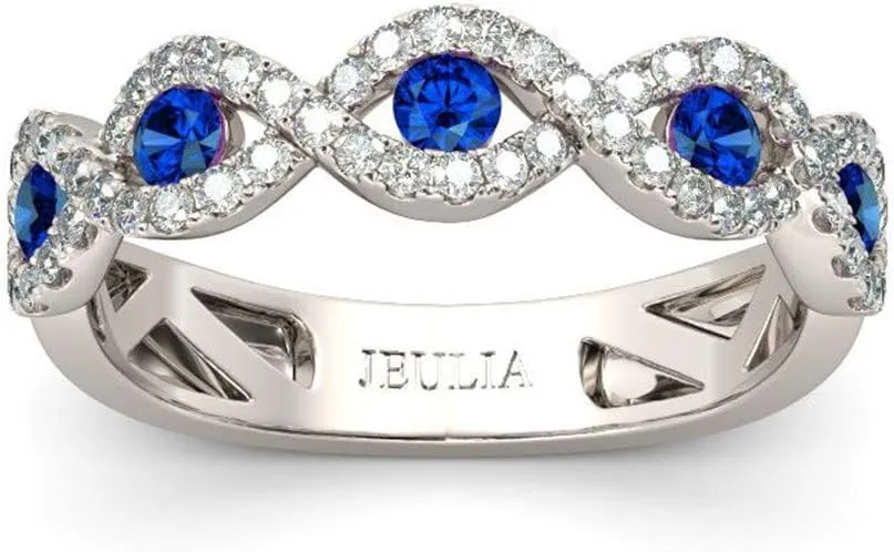 Jeulia Engraved Wedding Stackable Rings: Sterling Silver Band Half Eternity Sapphire Blue Engagement White Diamond Cubic Zirconia CZ Anniversary Promise Rings with Jewelry Box