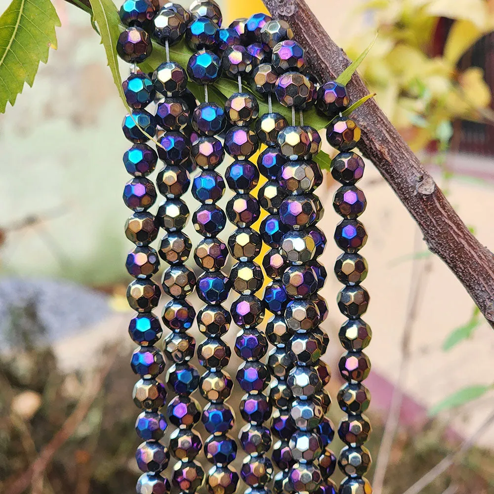JEWELRY MAKING CRYSTAL FIRE POLISHED IMPORTED GLASS BEADS ROUND FACETED CUT AB SHAPE BLACK AB RAINBOW COLOR OPAQUE 8MM SIZE APPROXIMATELY 39-40 BEADS IN A STRING