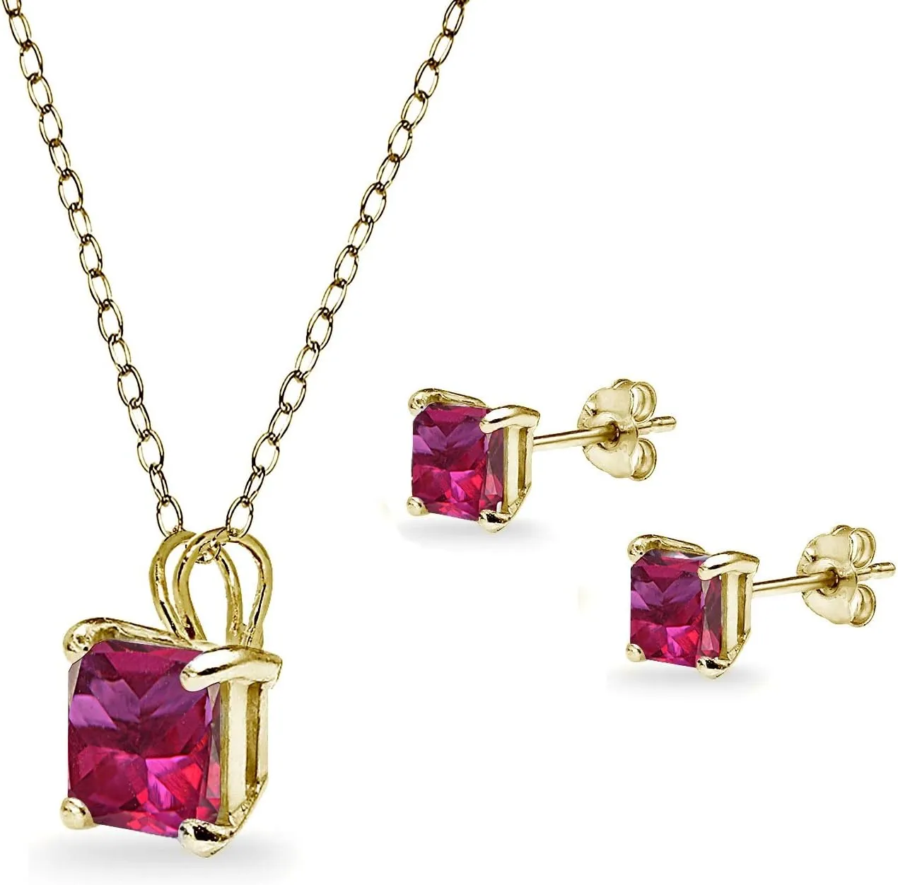 Jewelry Sets for Women, Necklace and Earring Sets for Women, Birthstone Jewelry, Genuine or Synthetic Gemstone, Princess Square Solitaire, Pendant Necklace, Stud Earrings, Silver Jewelry or Gold Flash