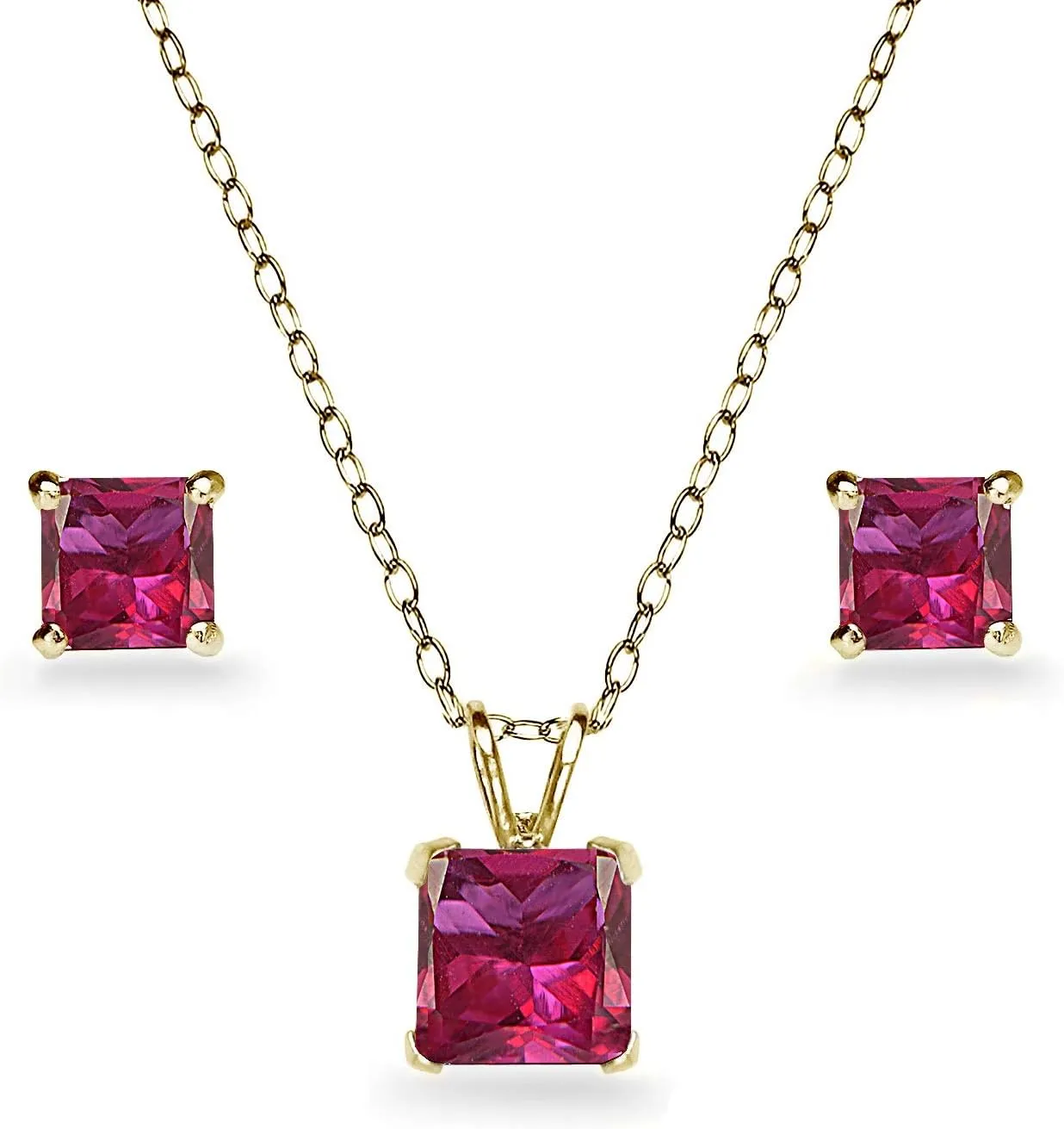 Jewelry Sets for Women, Necklace and Earring Sets for Women, Birthstone Jewelry, Genuine or Synthetic Gemstone, Princess Square Solitaire, Pendant Necklace, Stud Earrings, Silver Jewelry or Gold Flash