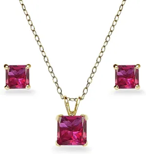 Jewelry Sets for Women, Necklace and Earring Sets for Women, Birthstone Jewelry, Genuine or Synthetic Gemstone, Princess Square Solitaire, Pendant Necklace, Stud Earrings, Silver Jewelry or Gold Flash