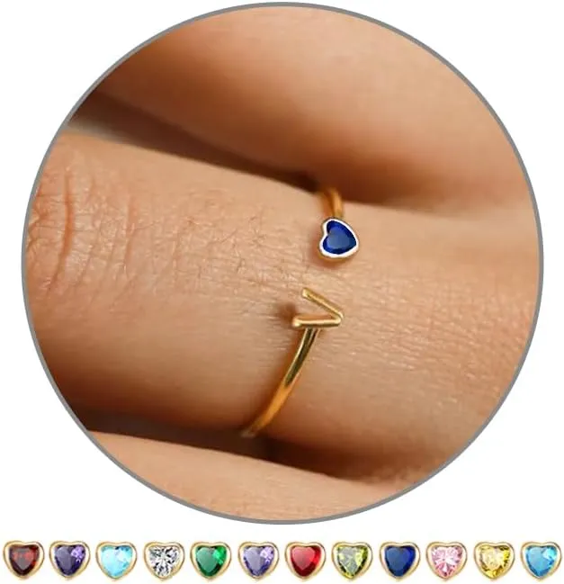 JSJOY Birthstone Rings for Women 26 A-Z Initial Ring Adjustable 14k Gold Ring Birthday Gifts for Her Rings for Teen Sister Bridesmaid Gifts Dainty Letter Jewelry