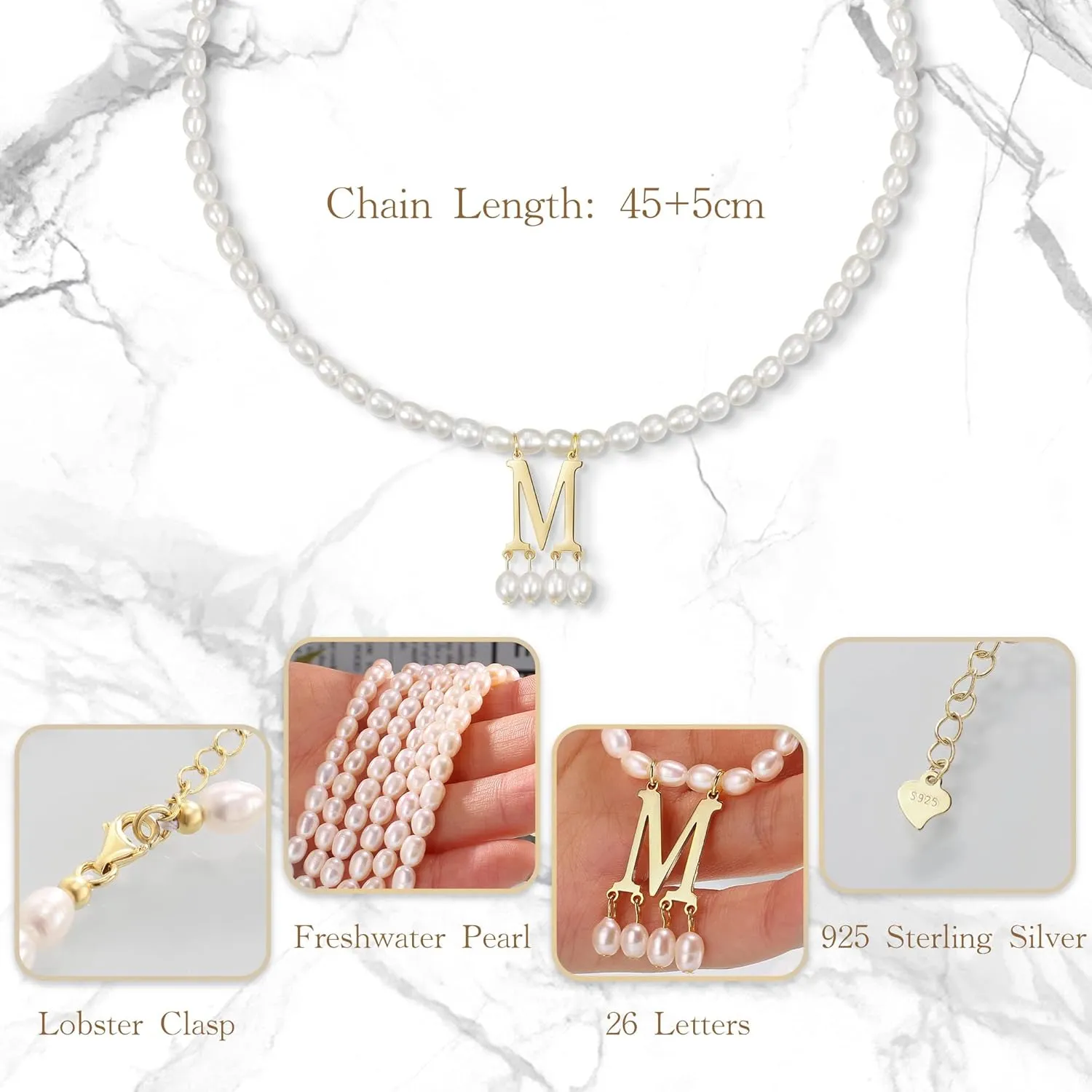 JSJOY Freshwater Pearl Necklace for Women 925 Sterling Silver Gold Initial A-Z Necklaces Anne Boleyn Necklaces Mother's Day Gifts Graduation Gifts 2025 Birthday Gifts for Her