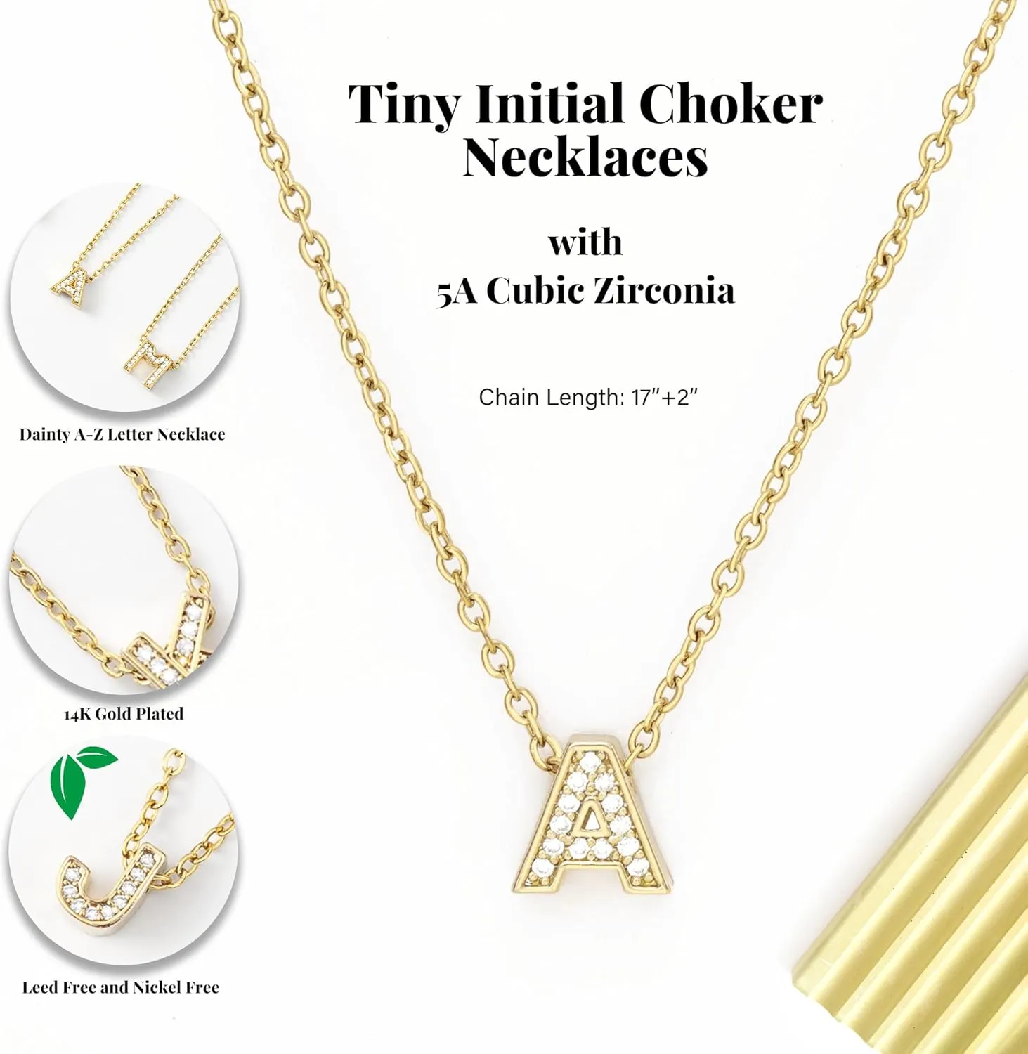 JSJOY Gold Diamond Initial Necklaces for Women, Tiny Initial Necklace Letter A-Z Pendant Choker Cubic Zirconia Necklaces