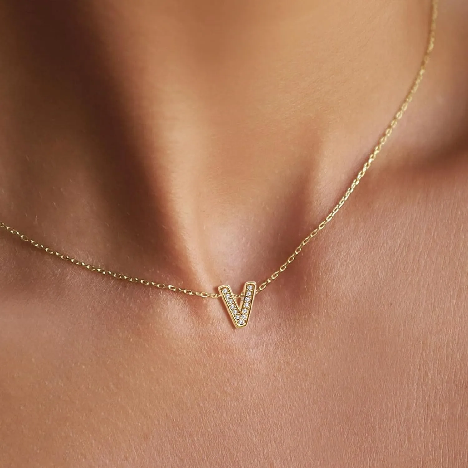 JSJOY Gold Diamond Initial Necklaces for Women, Tiny Initial Necklace Letter A-Z Pendant Choker Cubic Zirconia Necklaces