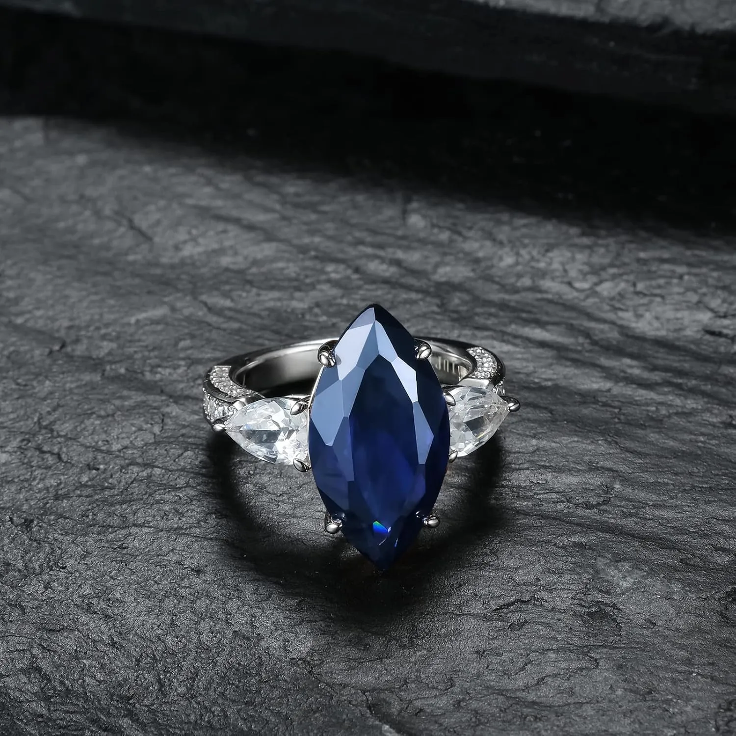 Jupiter Natural Gemstone Marquise Ring - 925 Sterling Silver Rhodium Plated Genuine Gemstone Women Ring, Glamour Natural Gemstone Birthstone Rings Jewelry Gifts for Valentine's Day, Mother's Day, Birthday Jewelry Gifts