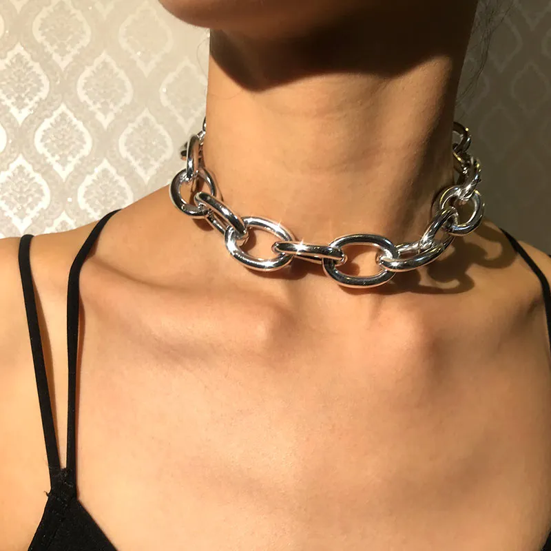 JUST FEEL Punk Chain Choker Necklace Collar Statement Hip Hop Chunky Gold Silver Aluminum Thick Chain Necklace Women Men Jewelry