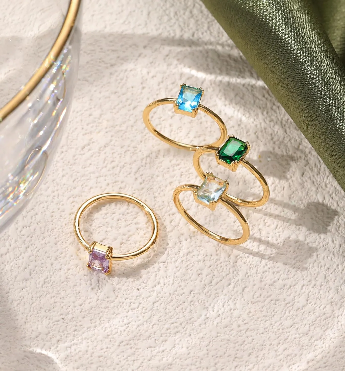 KAERUN Gold Birthstone Rings for Women Non Tarnish Dainty 14K Gold Plated Stackable Rings CZ Emerald Baguette Gemstone Rings for Mother Daughter Birthday Handmade Jewelry Gifts Size 6 7 8 9 10