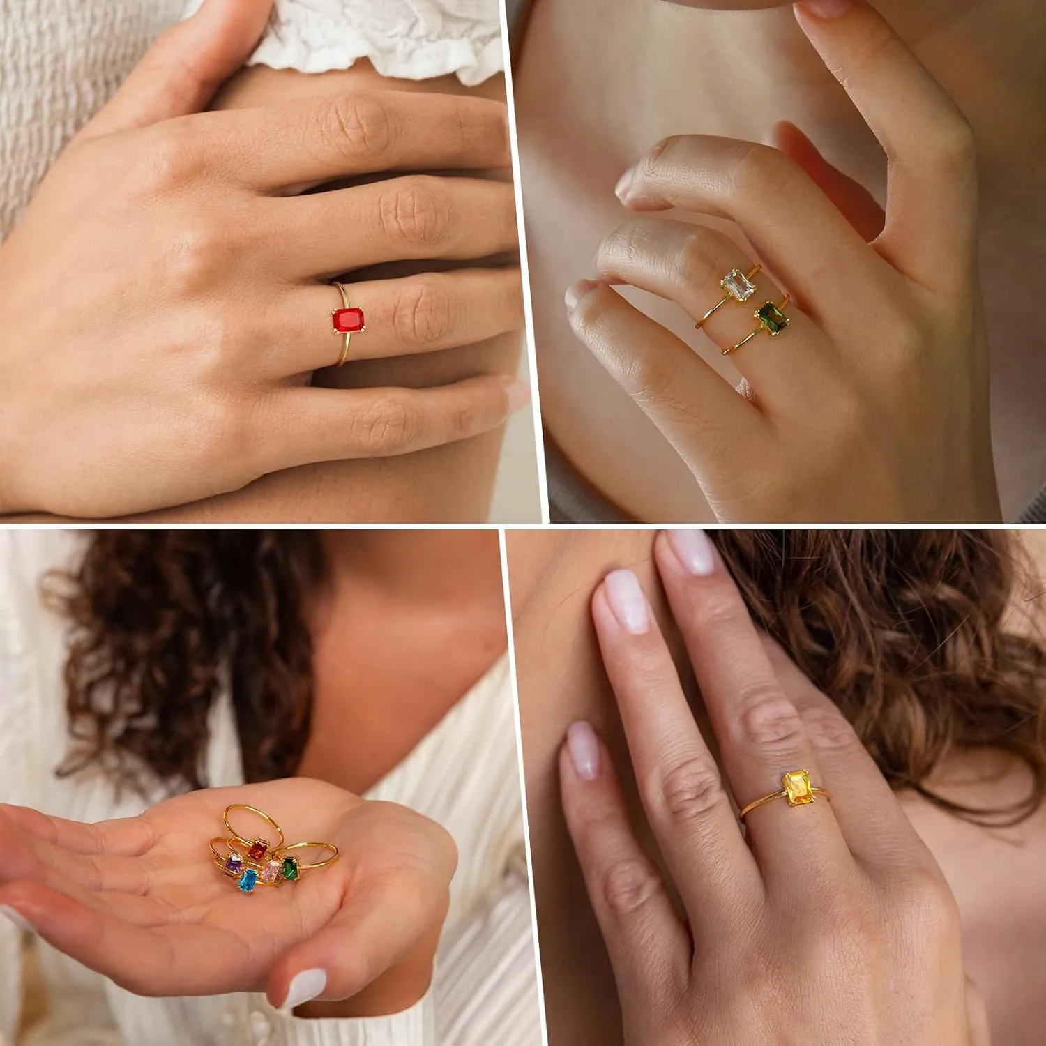 KAERUN Gold Birthstone Rings for Women Non Tarnish Dainty 14K Gold Plated Stackable Rings CZ Emerald Baguette Gemstone Rings for Mother Daughter Birthday Handmade Jewelry Gifts Size 6 7 8 9 10