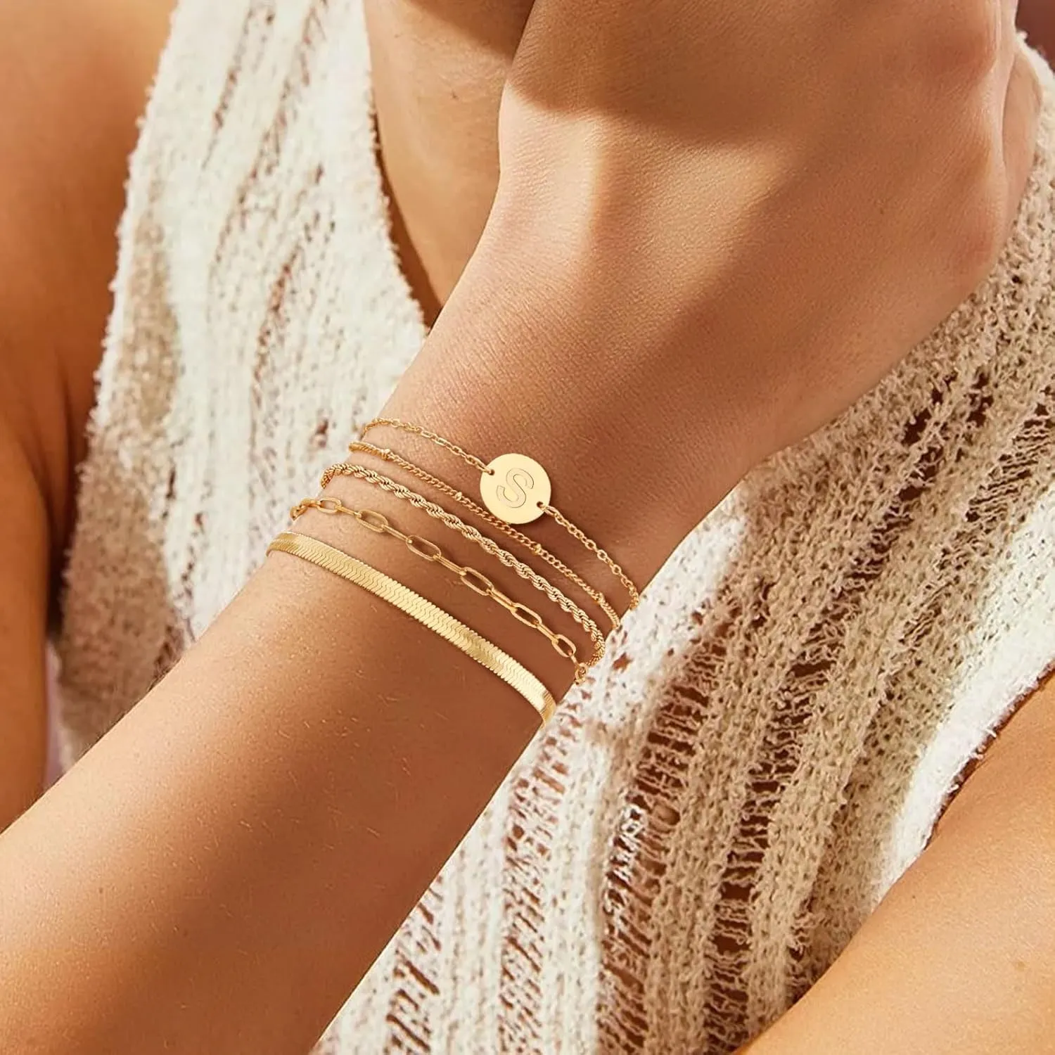 KSF Gold Bracelets for Women Stack - 14K Gold Plated Stackable Bracelets for Women Trendy Initial Bracelet Set Stack Cuban Link Paperclip Chain Jewelry Gifts