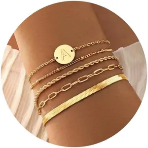 KSF Gold Bracelets for Women Stack - 14K Gold Plated Stackable Bracelets for Women Trendy Initial Bracelet Set Stack Cuban Link Paperclip Chain Jewelry Gifts
