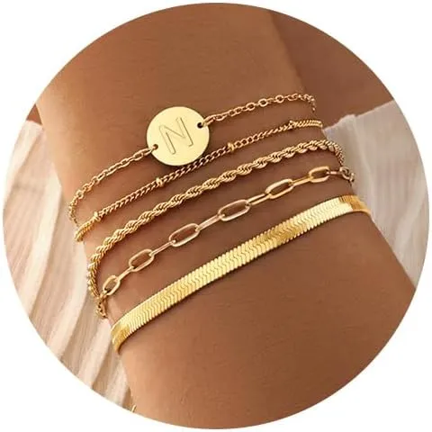 KSF Gold Bracelets for Women Stack - 14K Gold Plated Stackable Bracelets for Women Trendy Initial Bracelet Set Stack Cuban Link Paperclip Chain Jewelry Gifts