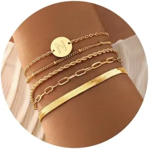 KSF Gold Bracelets for Women Stack - 14K Gold Plated Stackable Bracelets for Women Trendy Initial Bracelet Set Stack Cuban Link Paperclip Chain Jewelry Gifts