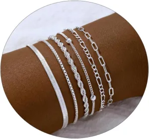 Kyerlyn Dainty Silver Bracelets for WomenSilver Bracelet Stack Trendy Waterproof Bracelet Adjustable Layered Metal Link Bracelet Set Minimalist Fashion Jewelry
