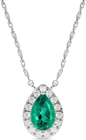 Lab Created Emerald and Lab Grown Diamond Halo Necklace for Women | 10K Solid Floating White Gold Diamond Pendants | Multiple Shapes and Weights to Choose From