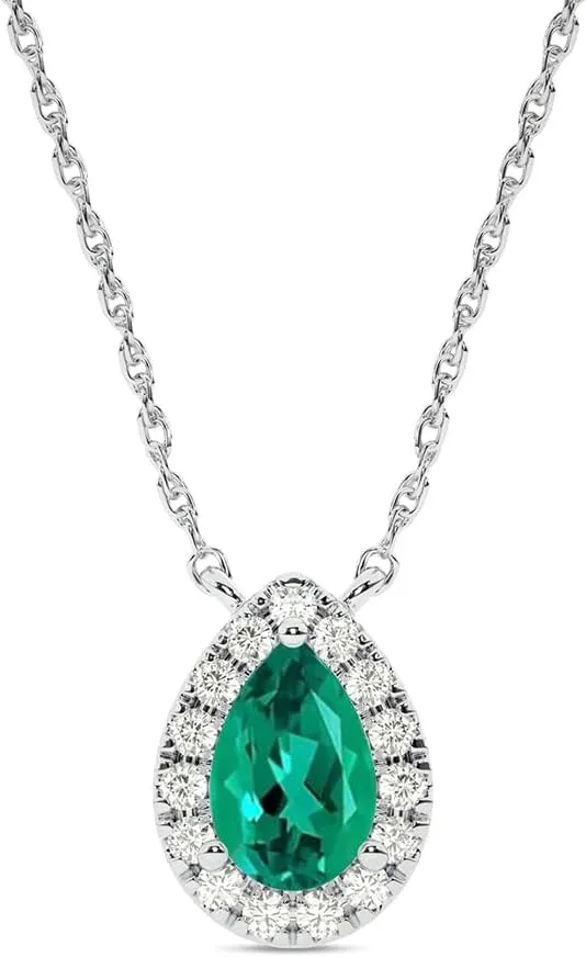 Lab Created Emerald and Lab Grown Diamond Halo Necklace for Women | 10K Solid Floating White Gold Diamond Pendants | Multiple Shapes and Weights to Choose From