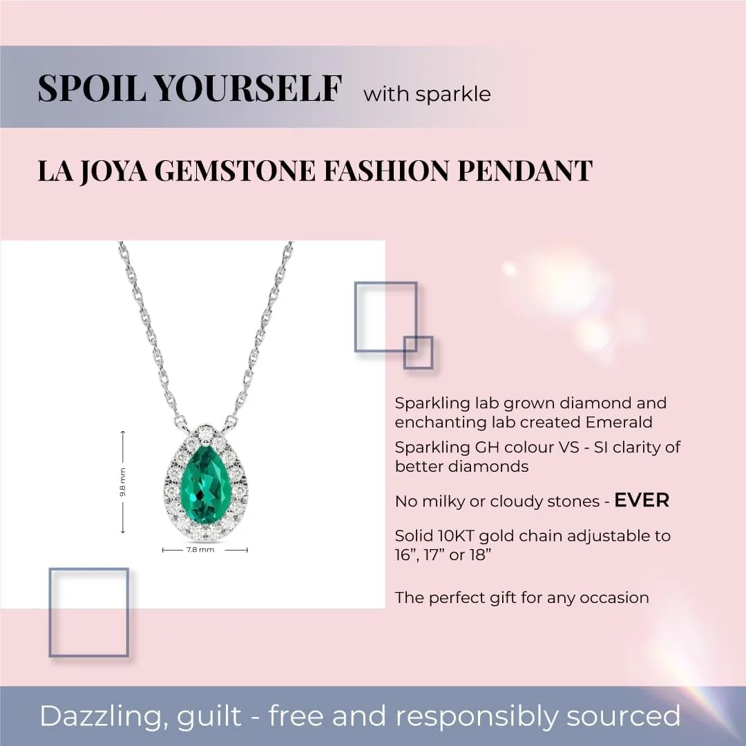 Lab Created Emerald and Lab Grown Diamond Halo Necklace for Women | 10K Solid Floating White Gold Diamond Pendants | Multiple Shapes and Weights to Choose From