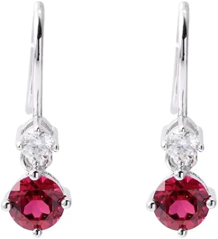 Lab Grown Ruby Round Dangle Drop With Moissanite Accents Earrings For Women - Minimalist Dangle Red Ruby Silver Earrings July Birthday Gift For Her