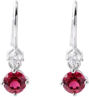 Lab Grown Ruby Round Dangle Drop With Moissanite Accents Earrings For Women - Minimalist Dangle Red Ruby Silver Earrings July Birthday Gift For Her