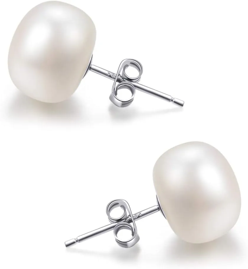 Lantine Pearl Stud Earrings-925 Sterling Silver Genuines Freshwater Cultured Pearl Earrings Studs For Women Size Choose