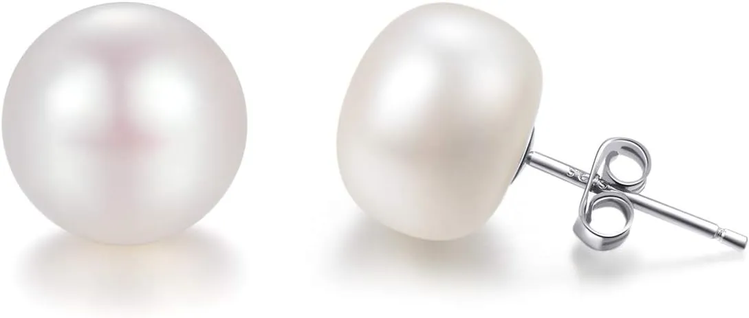 Lantine Pearl Stud Earrings-925 Sterling Silver Genuines Freshwater Cultured Pearl Earrings Studs For Women Size Choose