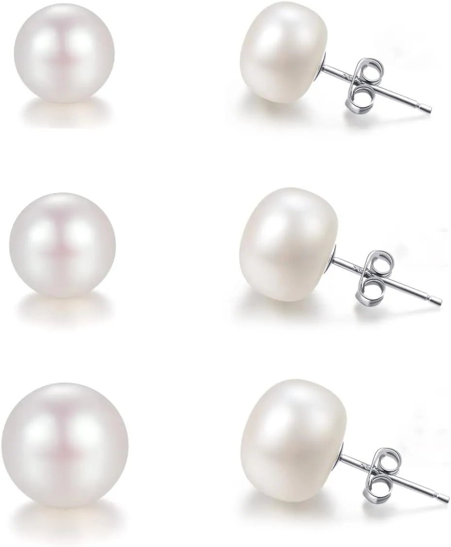 Lantine Pearl Stud Earrings-925 Sterling Silver Genuines Freshwater Cultured Pearl Earrings Studs For Women Size Choose