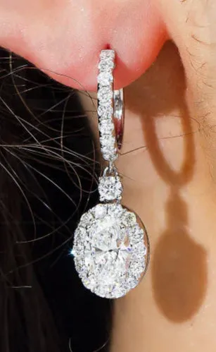 Lavon 5 Carats Oval Cut Halo Lab Grown Round Diamond Drop Earrings in 18K White Gold