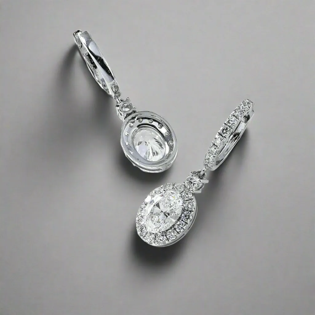 Lavon 5 Carats Oval Cut Halo Lab Grown Round Diamond Drop Earrings in 18K White Gold