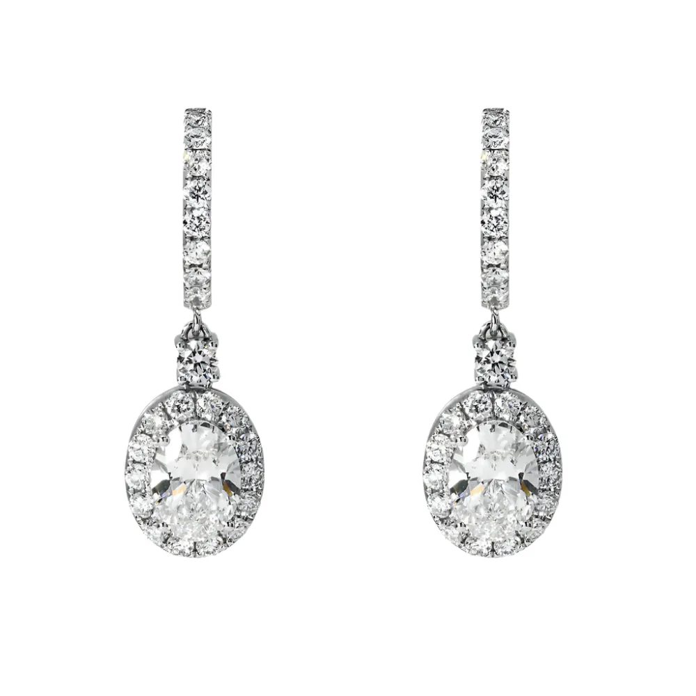 Lavon 5 Carats Oval Cut Halo Lab Grown Round Diamond Drop Earrings in 18K White Gold