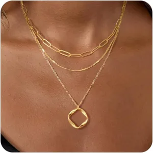 Layered Gold Necklace for Women Trendy,14K Gold Plated Dainty Stackable Cuban Link Herringbone Paperclip Chain Diamond/Coin/Cross/Tag/Mobius Pandent Necklace Set Fasshion Jewelry for Women Gifts