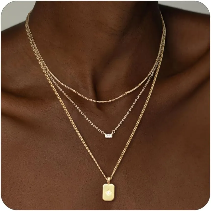 Layered Gold Necklace for Women Trendy,14K Gold Plated Dainty Stackable Cuban Link Herringbone Paperclip Chain Diamond/Coin/Cross/Tag/Mobius Pendant Necklace Set Fasshion Jewelry for Women Gifts