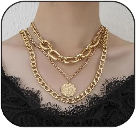 Layered Gold Necklaces for Women,Chunky Cuban Link Chain Necklace Boho Gold Multilayer Coin Necklace Multilayer Punk 80s Hip Hop Necklace Gold Charm Necklace Jewelry