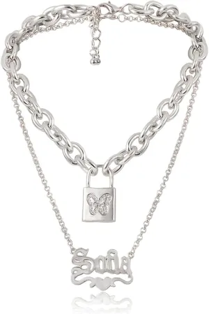 Layered Necklace Silver, Dainty Layering Necklaces for Women Alphabet Butterfly Lock Pendant Chain Necklaces Women Jewelry, 2 Pieces, Silver