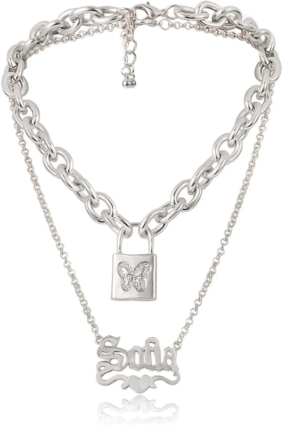 Layered Necklace Silver, Dainty Layering Necklaces for Women Alphabet Butterfly Lock Pendant Chain Necklaces Women Jewelry, 2 Pieces, Silver