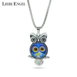 LIEBE ENGEL fashion Owl pendant necklace newest glass cabochon necklace in jewelry vintage silver color statement chain necklace