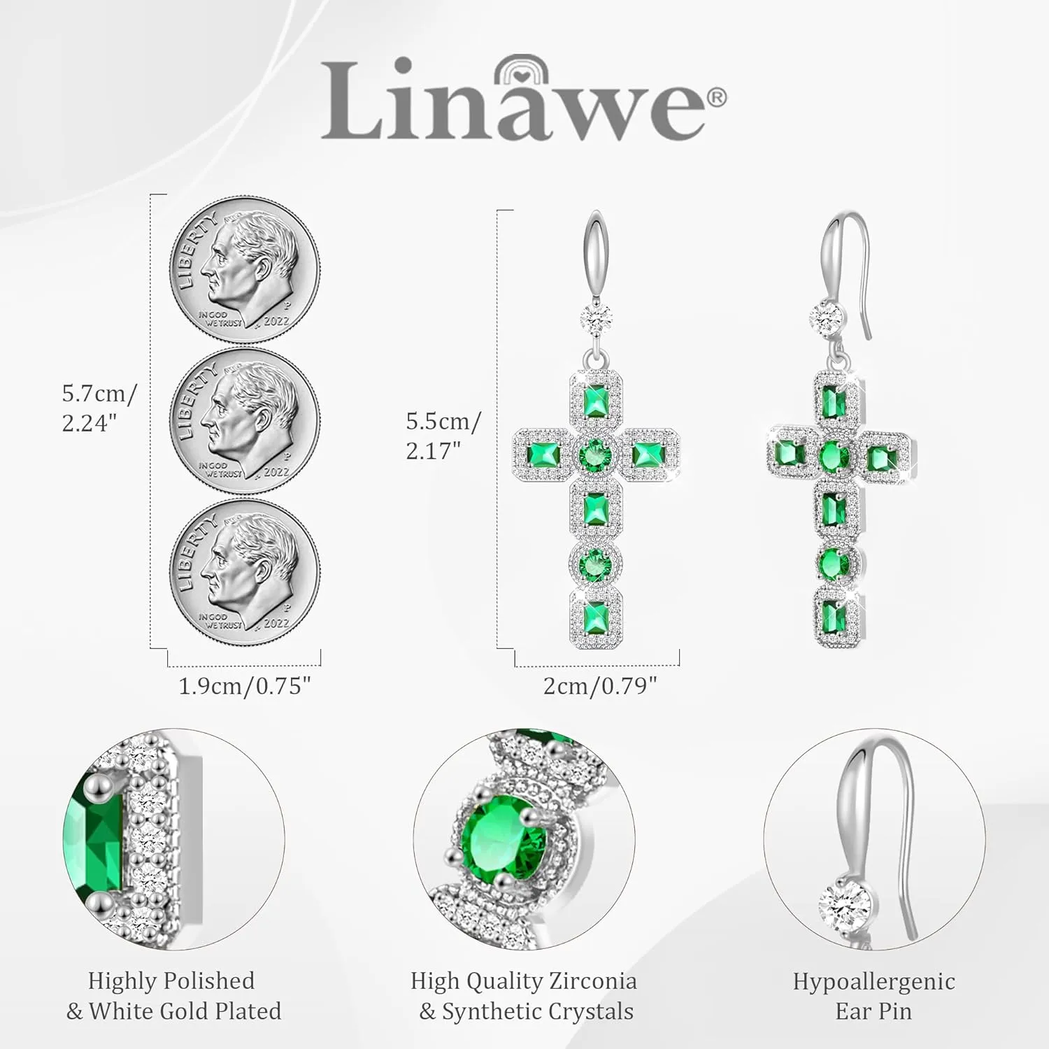 Linawe Cross Dangle Earrings for Women, Hypoallergenic Imitation Diamond Rhinestone Earrings, 14K Gold/Silver/Rose Gold Cubic Zirconia Cross Dangling Drop Earrings